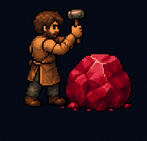 Personaje picando un cristal, construyendo el sitio